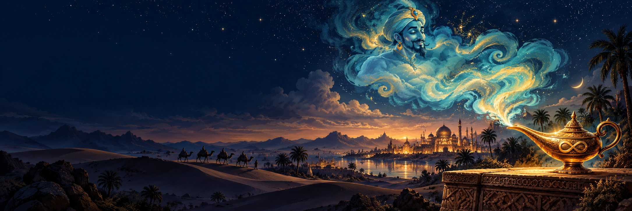 A glowing golden infinity lamp and turquoise genie smoke above a Silk Route landscape at dusk